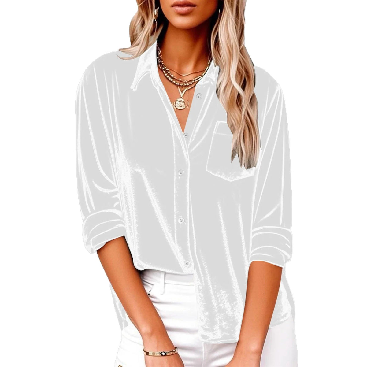 Women's Fashion Casual Long Sleeve Lapel Gold Veet Loose With Blouse