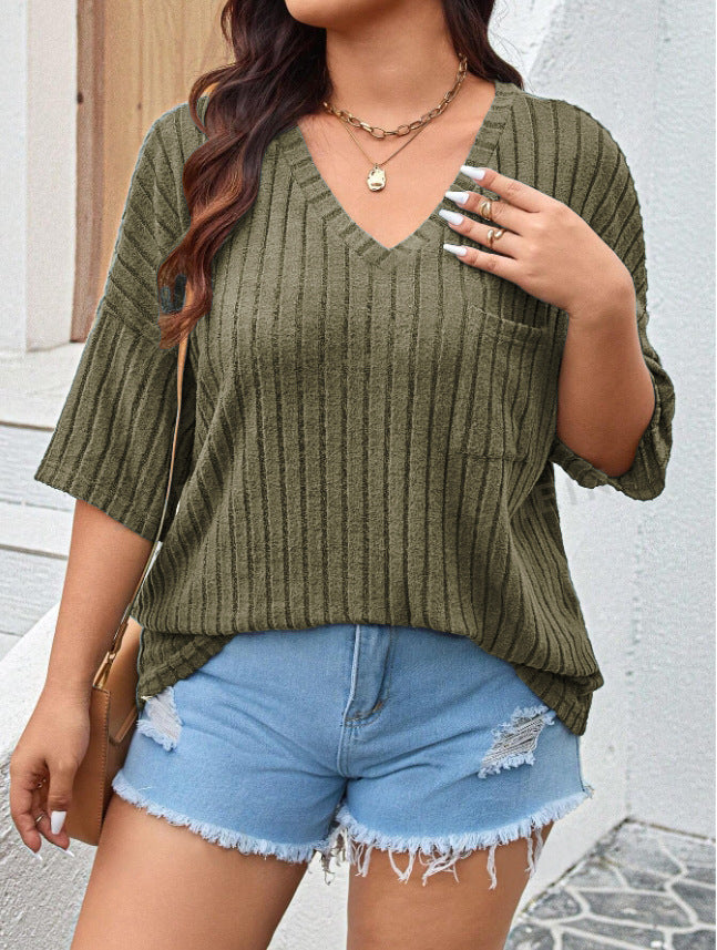 Women's Fashion Casual Solid Color Pocket Large Size T-shirt