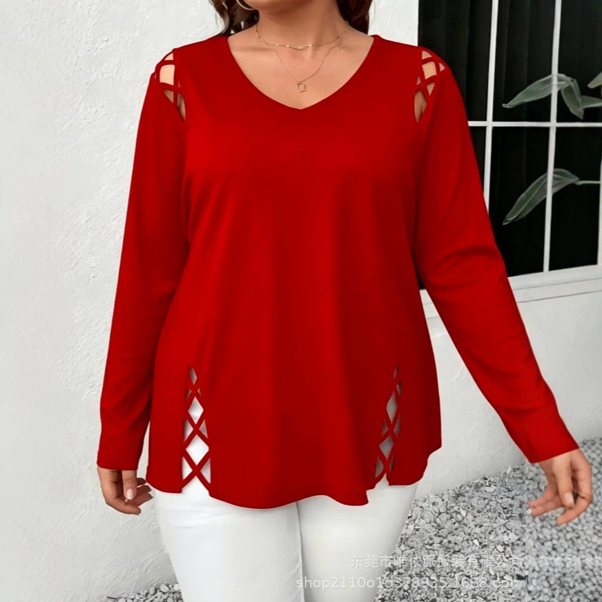Women's Leisure Long Sleeve Shoulder Side Cross Hollow Plus Size