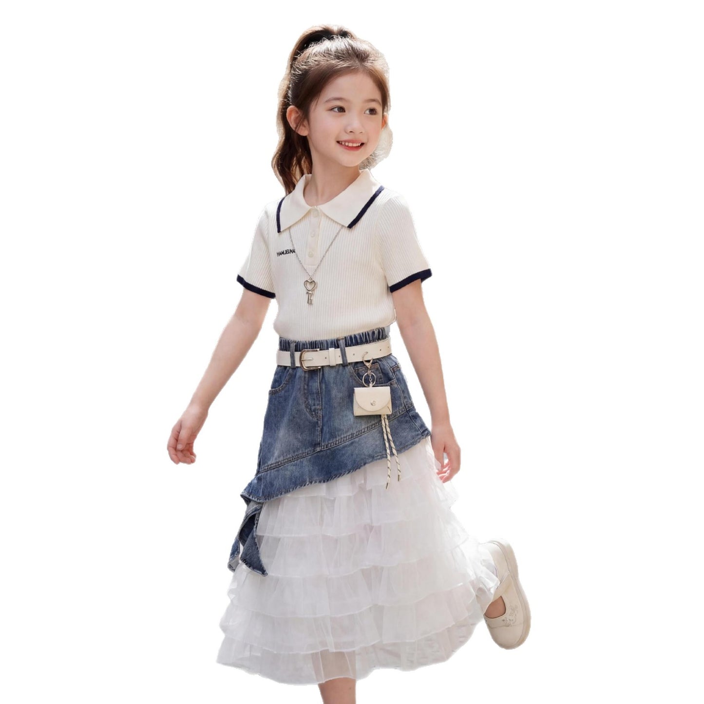Sleeve Oblique Denim Skirt Two-piece Fashion Children's Suit