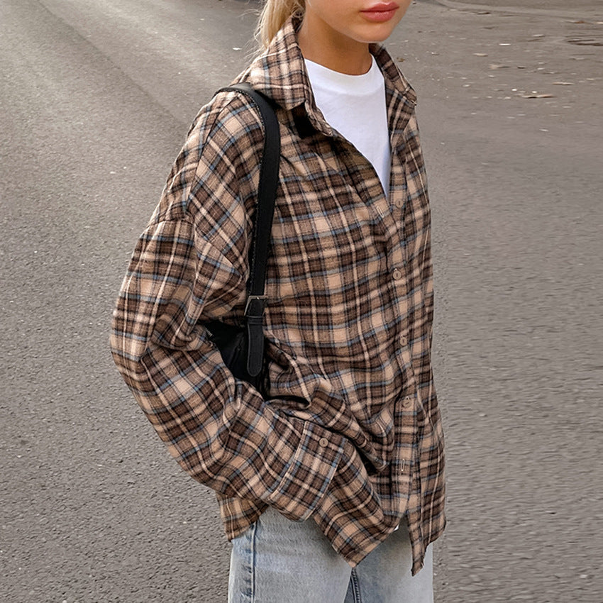 Women's Retro Plaid Shirt Long Design Base Blouse