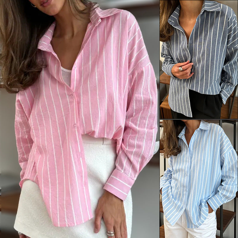 Classic Women's Long Sleeve Striped Shirt Blouse