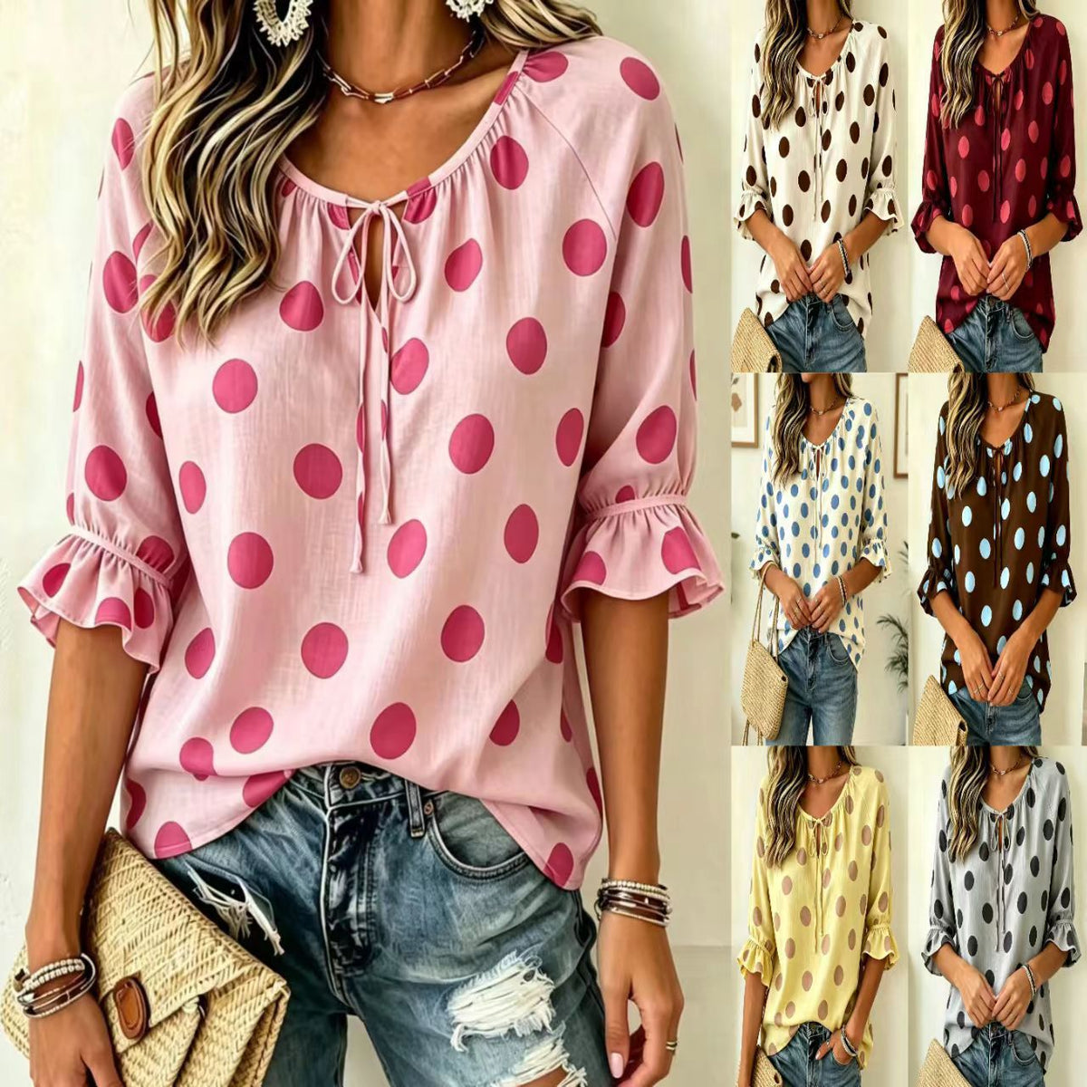 Women's Summer Printed Polka Dot Round Neck Tied Tops