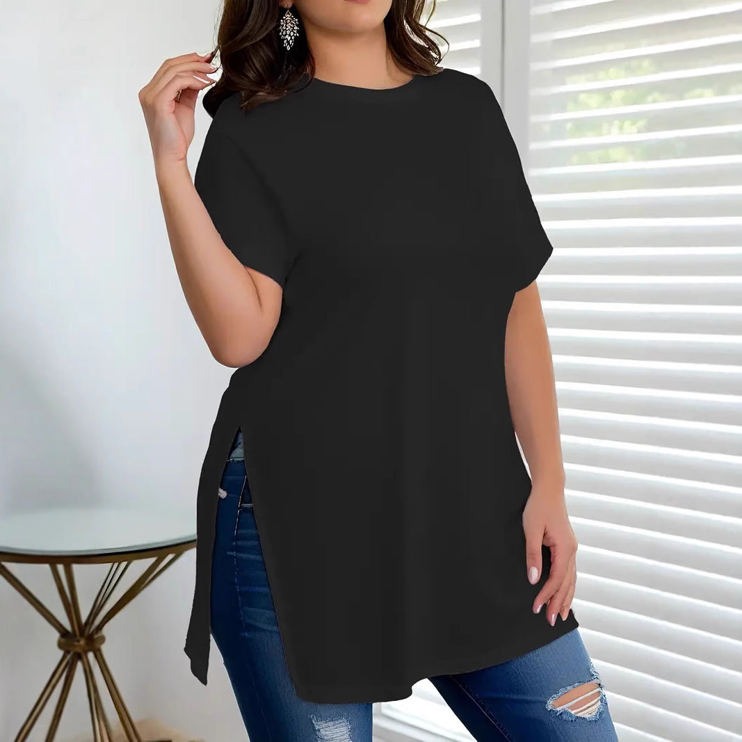 Versatile Women's Loose Slit Round Neck Tops