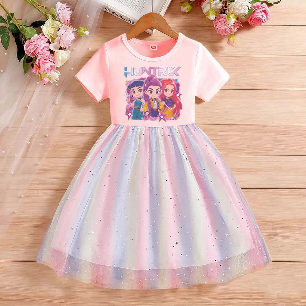Children's Short Sleeve Clothing Gauze Rainbow Princess Skirt Children's Dress