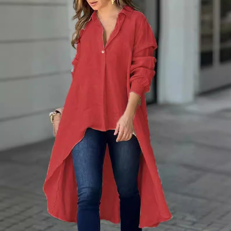 Women's Long Sleeve Fashion Solid Color Loose Lapels Blouse