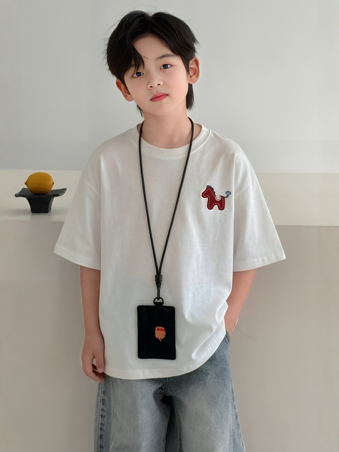 Children's Short-sleeved Korean Style Loose Cotton Fashionable Medium Big White Children's T-shirt