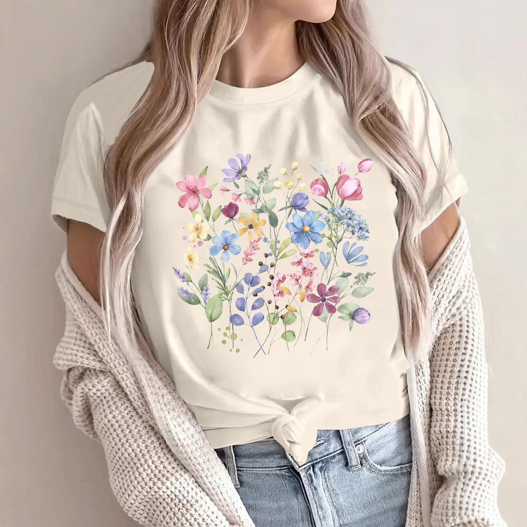 Women's Short-sleeved Floral Printed Summer Cotton Women's T-shirt