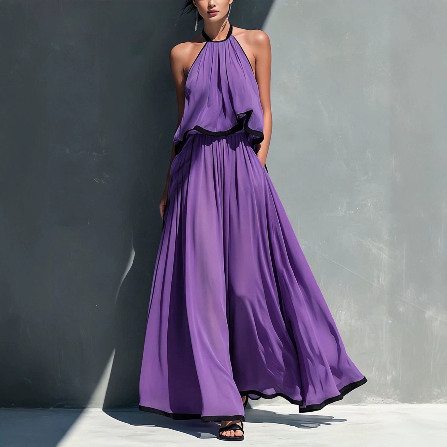 Halter Sleeveless High Waist Big Swing Long High-grade Chiffon Two-piece Fashion Casual Suit