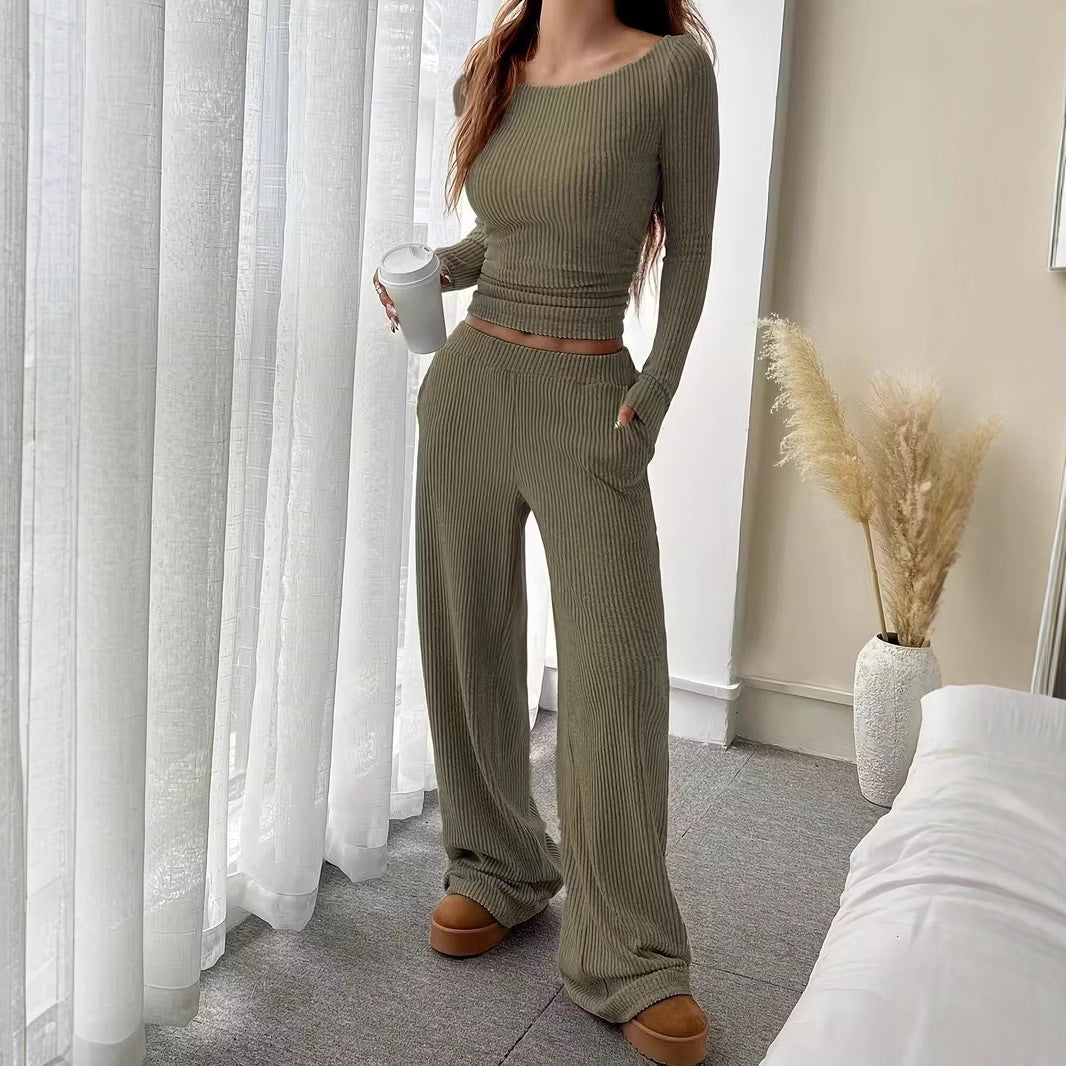 Women's Solid Color Elegant Two-piece Round Neck Pants