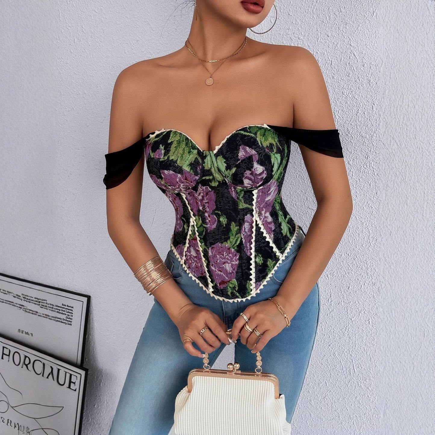 Retro French Jacquard Oil Painting Sense Small Vest/suspenders/tube Top