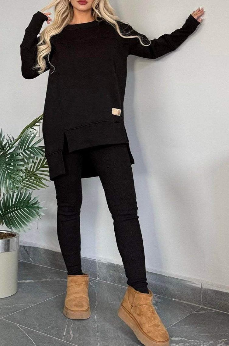 Women's Slit Long Sleeve Crew Neck Solid Color Fashion Casual Suit