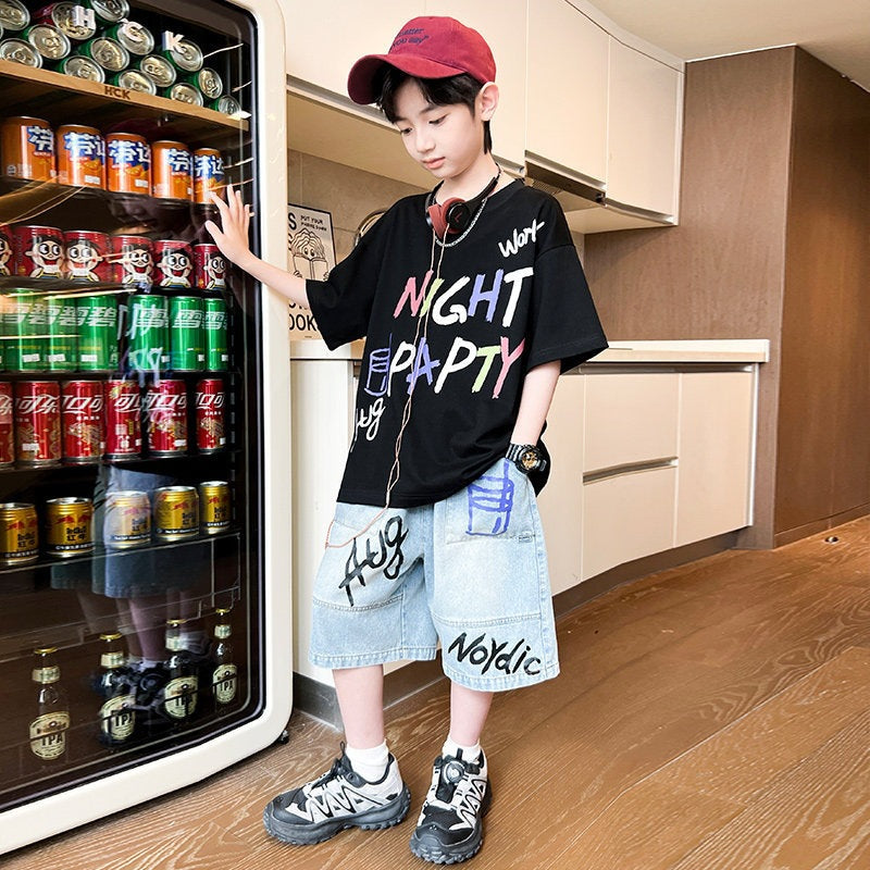 Short-sleeved Denim Medium Large Boy Thin Type Children's Suit