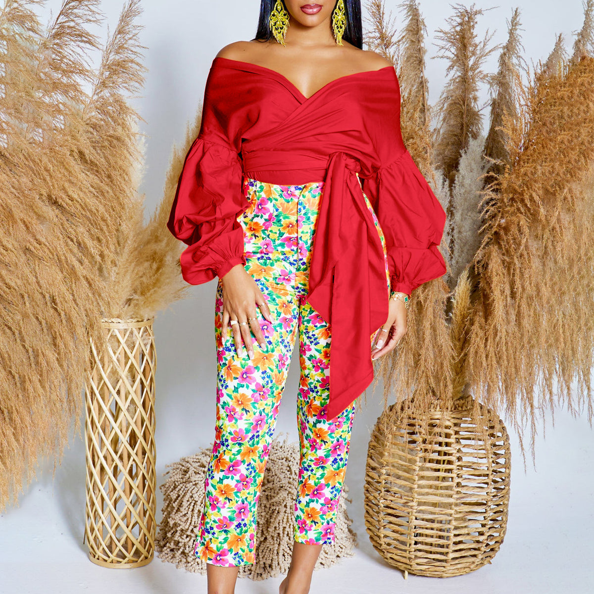 Summer Fashion Solid Color Cross Strap Puff Sleeve Tops