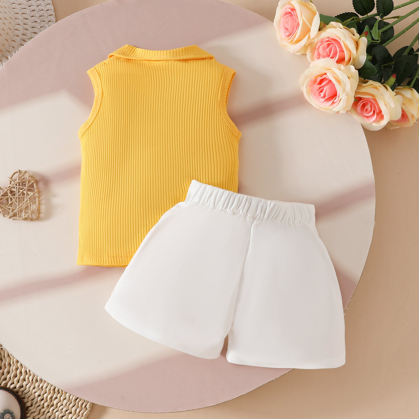 Sweet Toddler Sleeveless Lapel Open Chest Sunken Stripe Top Three-dimensional Children's Suit