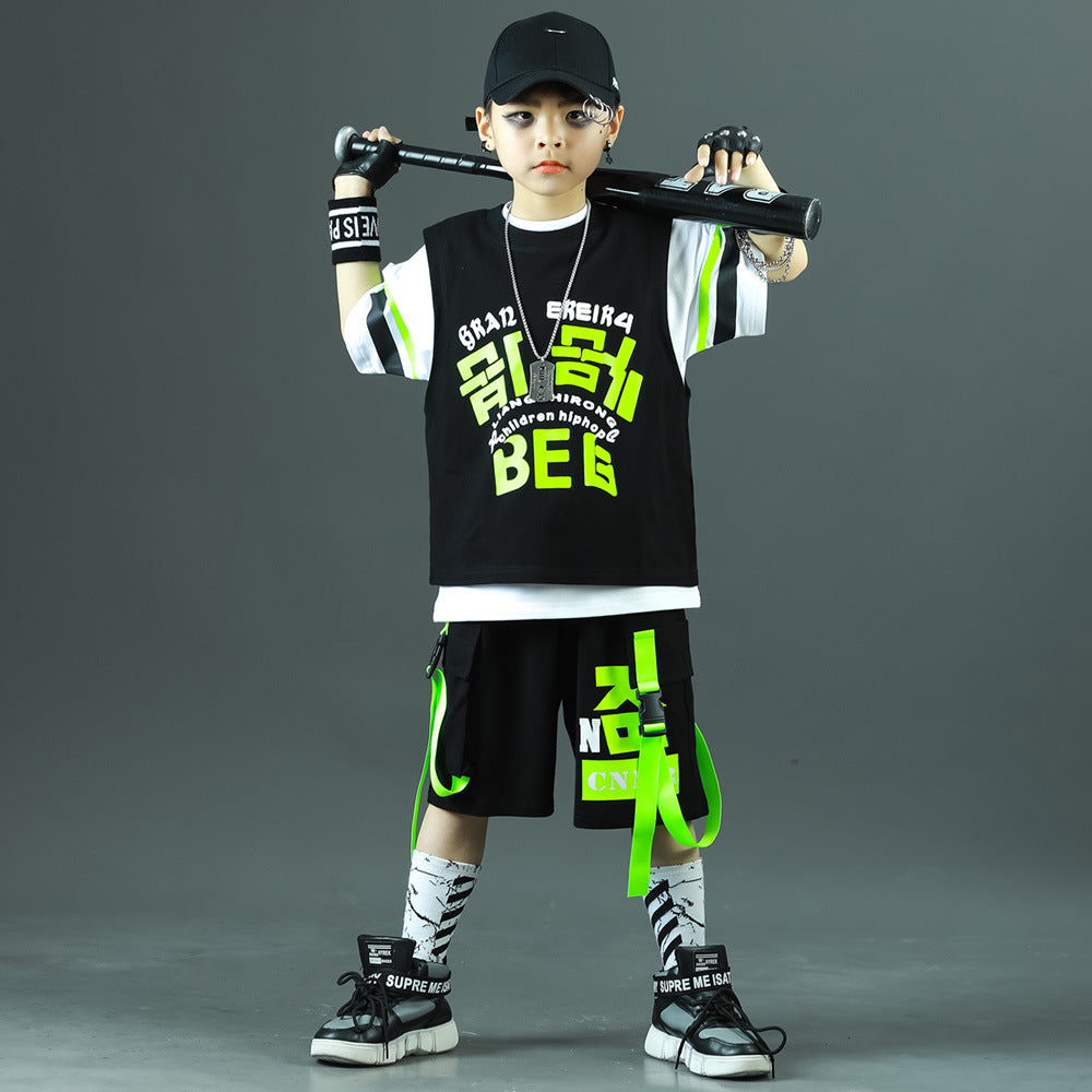 Children's Summer Hip Hop Costume Sports Fashionable Short Sleeve Three-piece Set Children's Suit