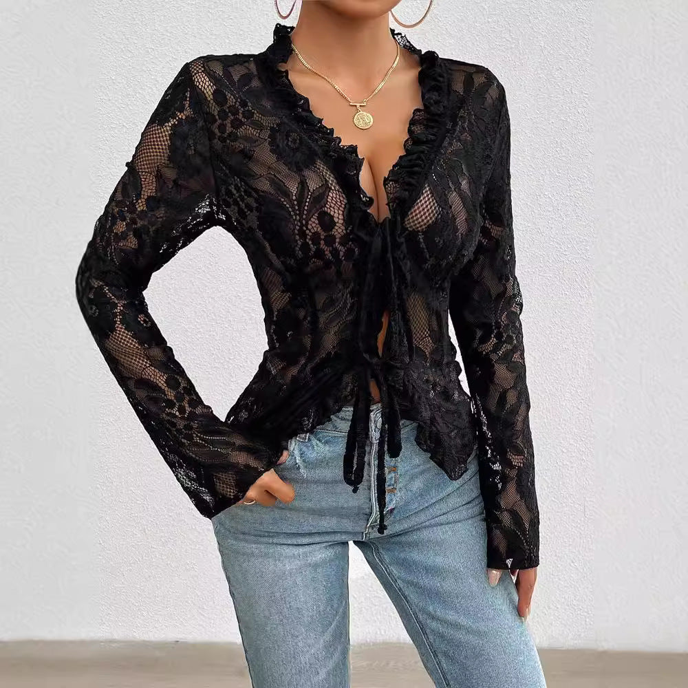 Women's Autumn Sexy Slim Long Sleeve Lace Shirt, Chiffon Shirt