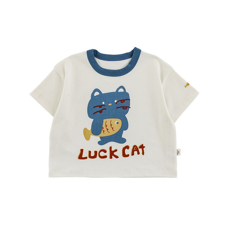 Cat Printing Short-sleeved Contrast Color Loose Shirt Cool Shorts Series Children's T-shirt