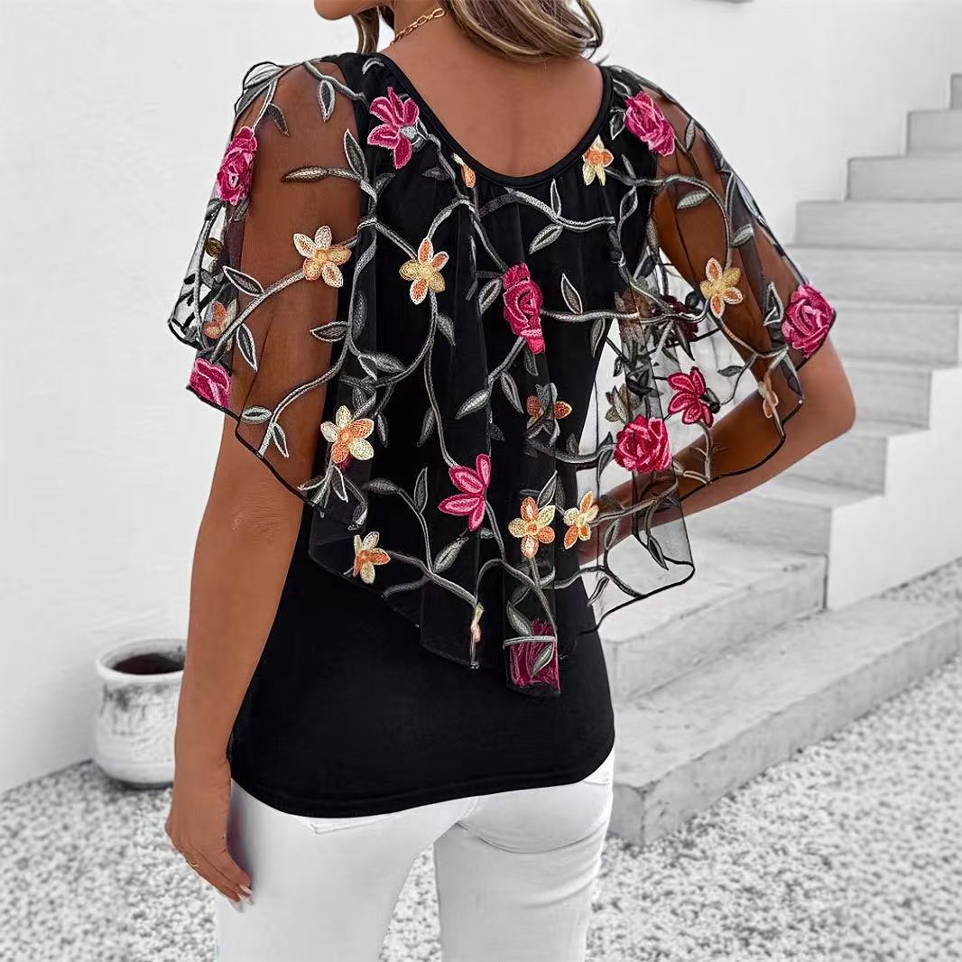 Summer Printed Stitching Casual Short-sleeved T-shirt Lace Shirt, Chiffon Shirt