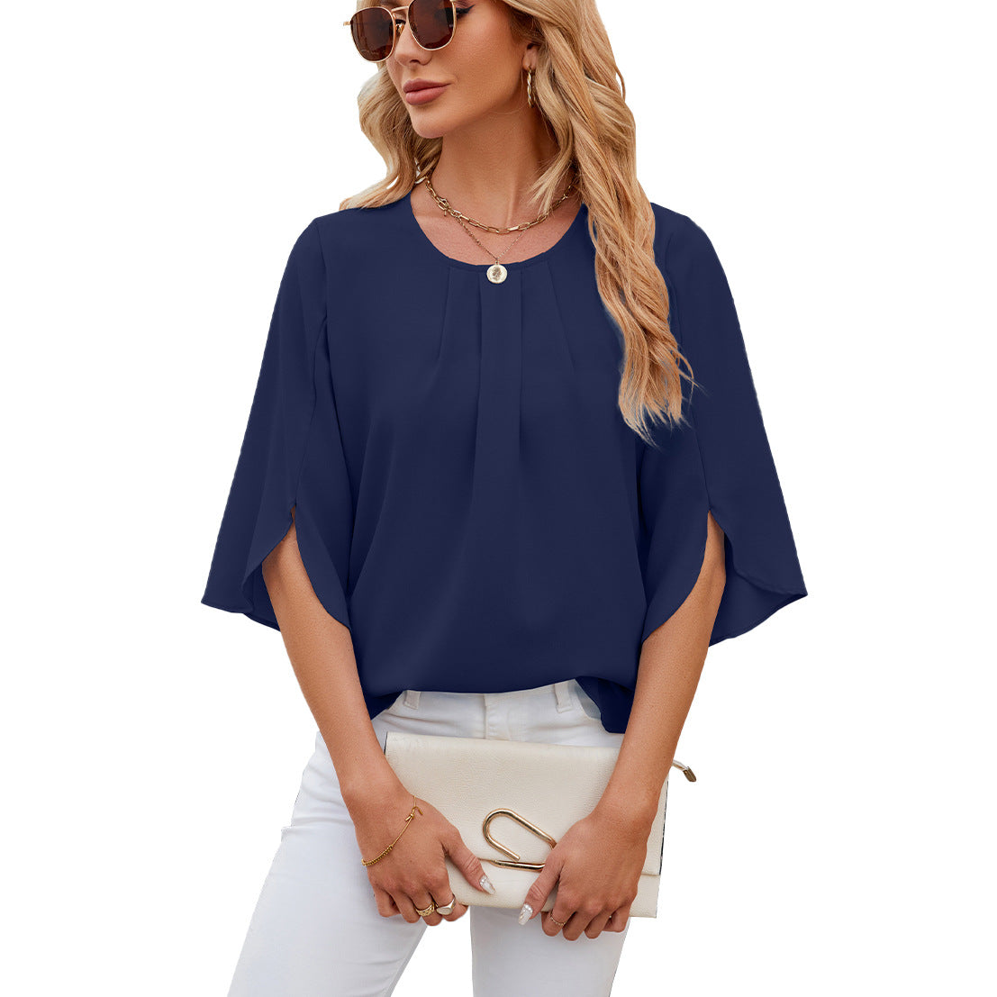 Women's Color Round Neck Half Sleeve Loose Lace Shirt, Chiffon Shirt