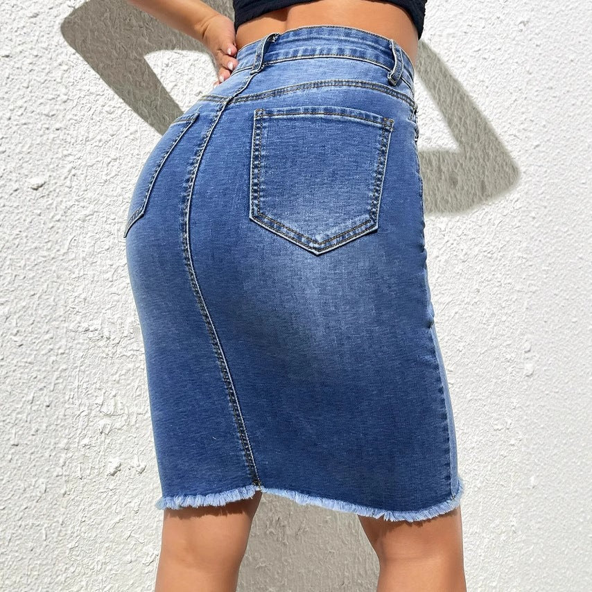 Stretch High Waist Frayed Denim Package Skirts