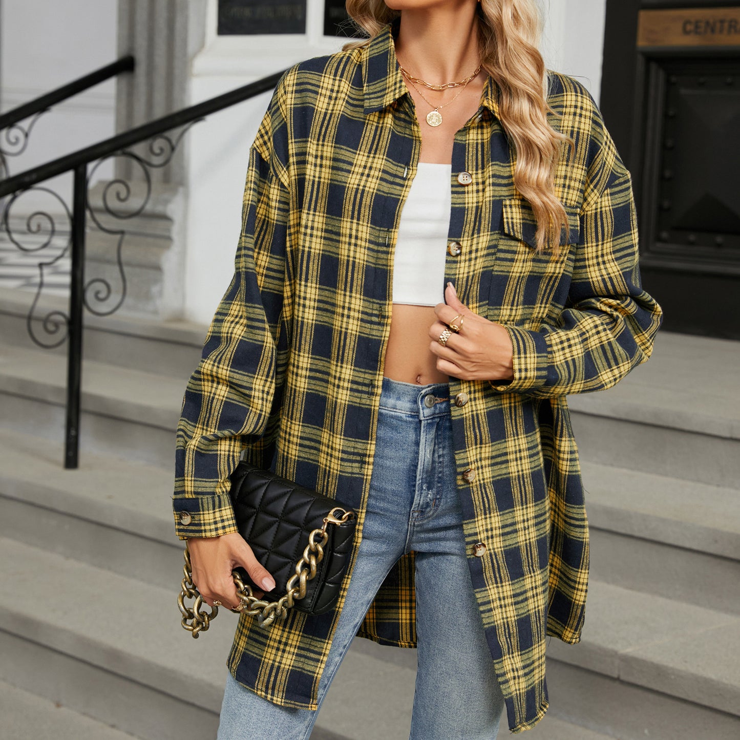 Style Plaid Shirt Brushed Long Sleeve Blouse