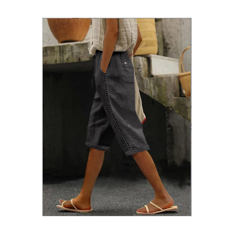 Summer Fashion Woven Cotton Linen Side Lace Hollowed Shorts