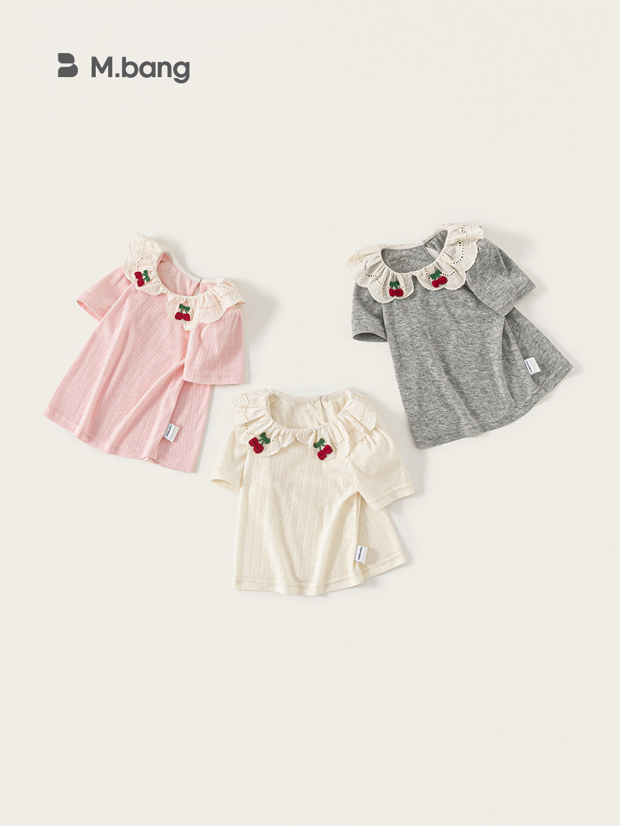 Children's Clothing Summer Lace Collar Short Sleeve Pure Color Children's T-shirt