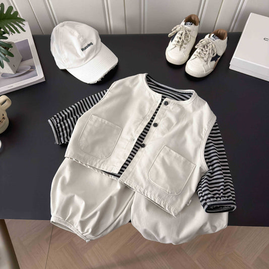 Children's Wear Striped Base Frock Vest Ankle Banded Pants Children's Suit