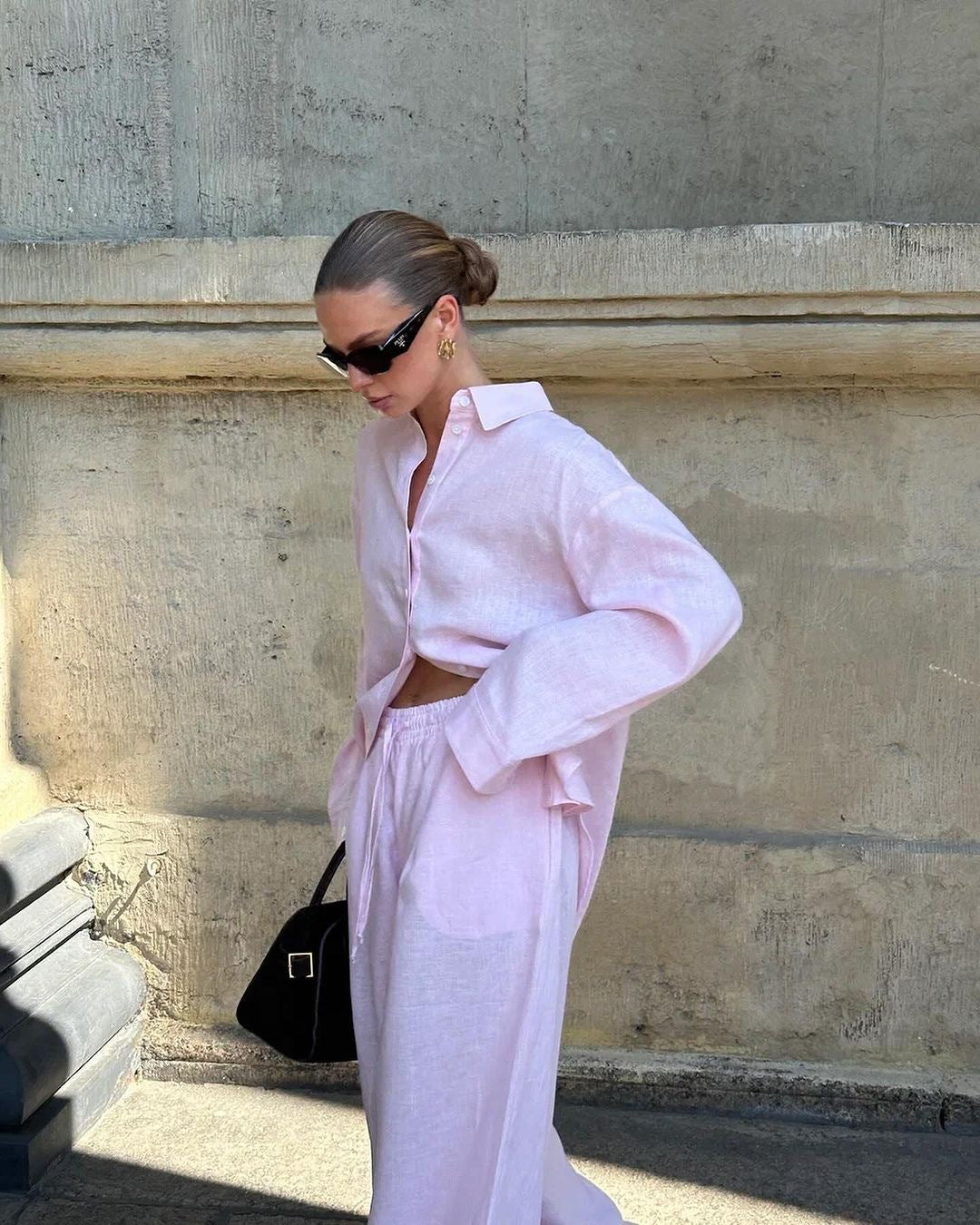 Lazy French Loose Pink Cotton Shirt Long Fashion Casual Suit