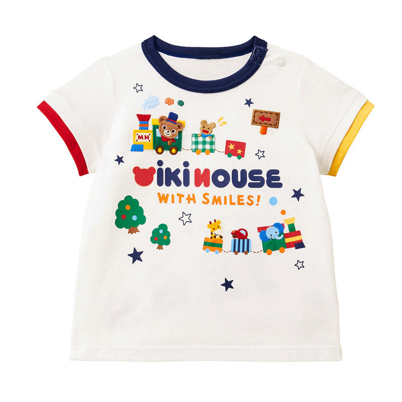 Children's Clothing Boy Cartoon Good Friend Train Bear Embroidery Children's T-shirt