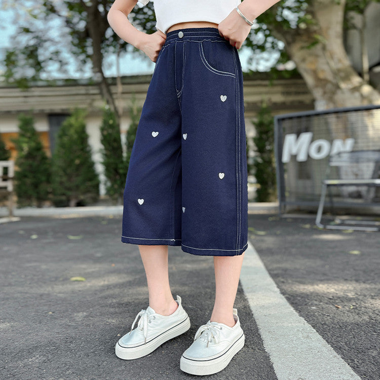 Summer Thin Medium Large Love Embroidered Cropped Junior High School Children's Pants