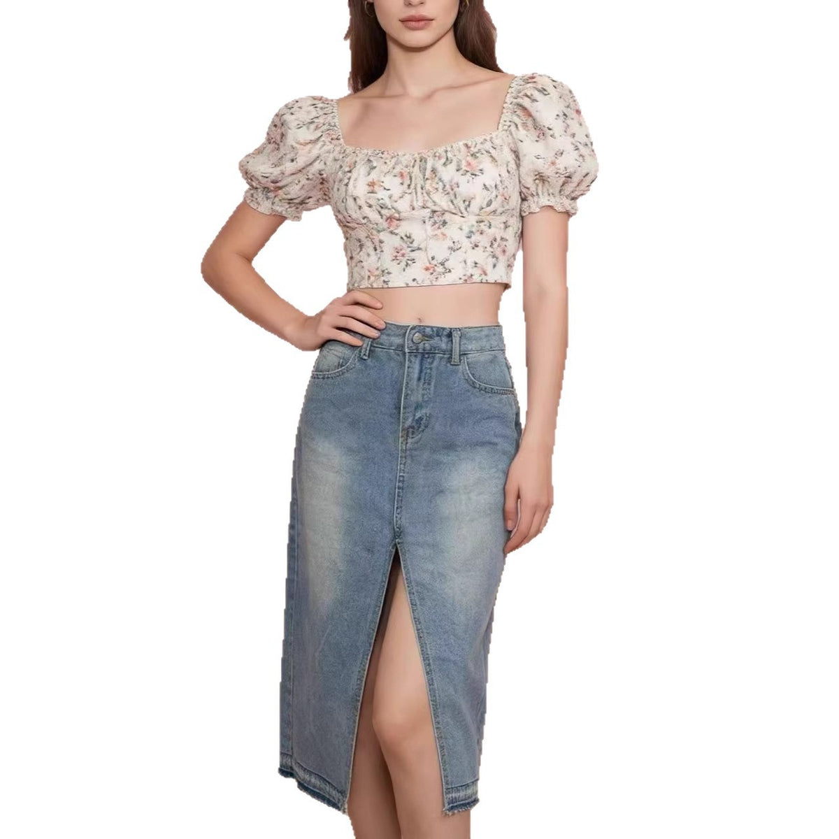 Women's Denim Split Sheath A- Line Slimming Skirt