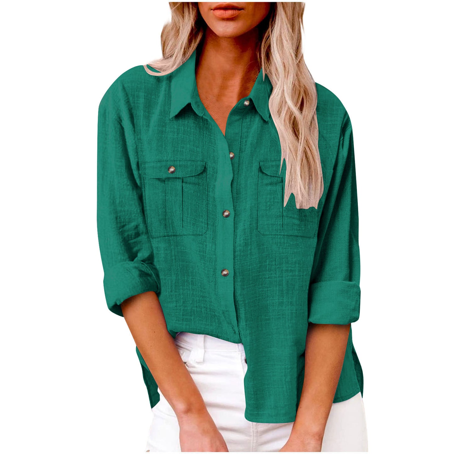 Women's Pocket Split Long Sleeve Cotton Linen Clothing