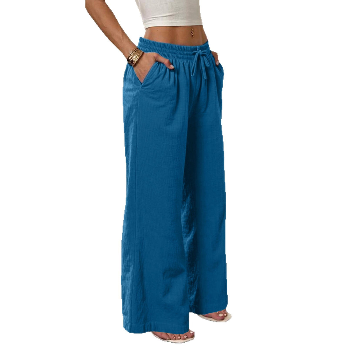 Women's Elastic High Waist Loose Pockets Trousers Casual Pants
