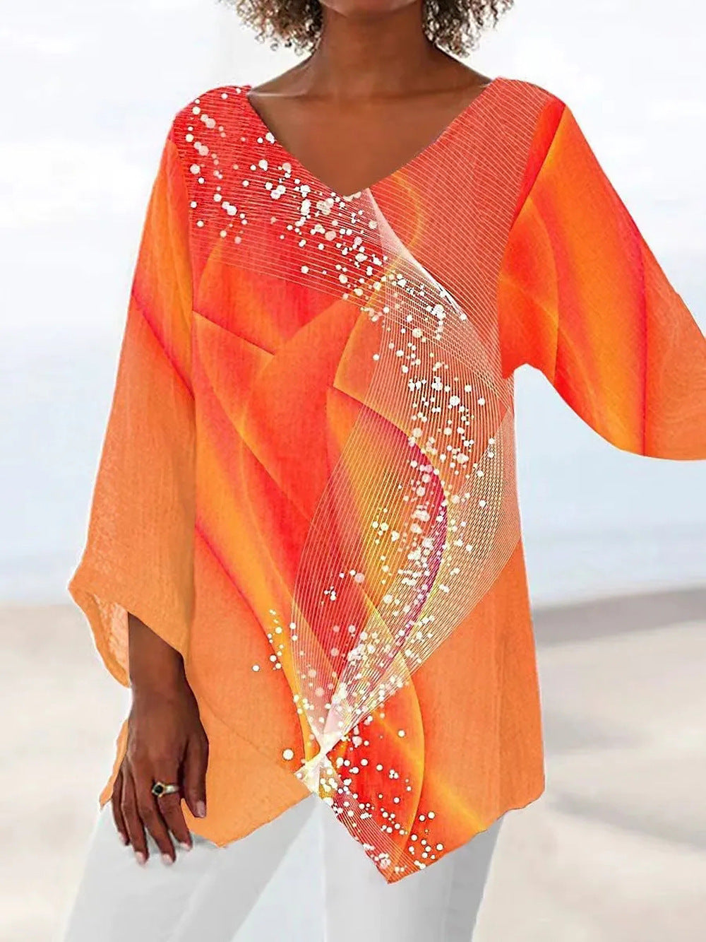 Women's Leisure Loose Irregular Printed Long Sleeve Tops