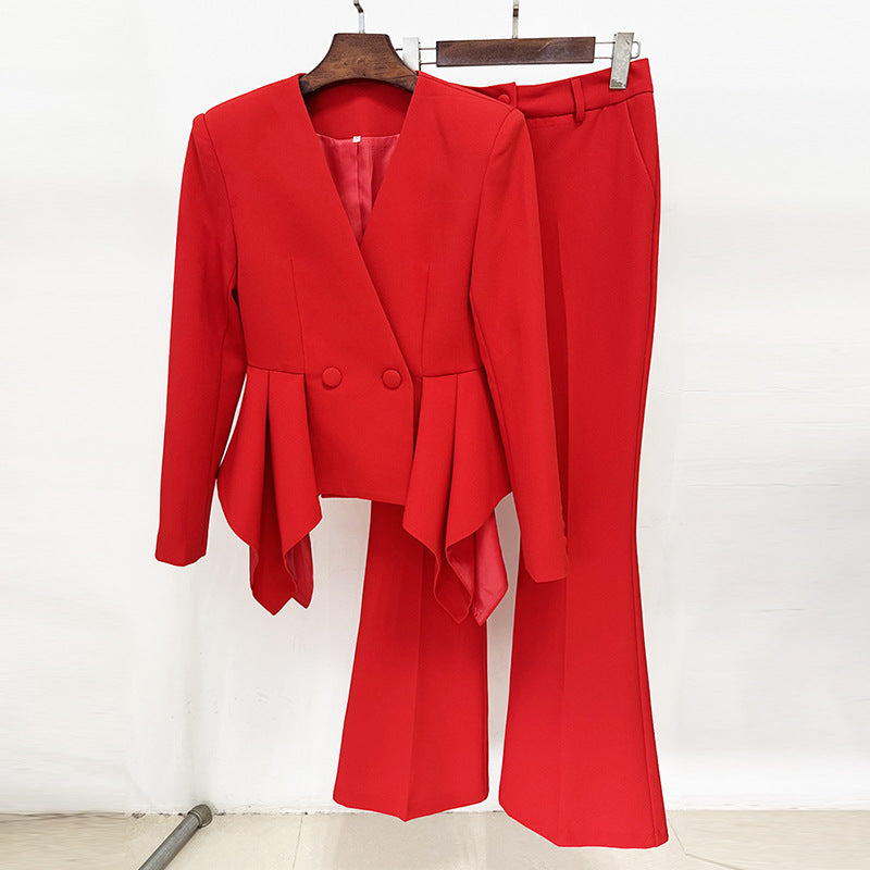 Stylish Designer Ruffle Slim Two-piece Set Fashion Casual Suit