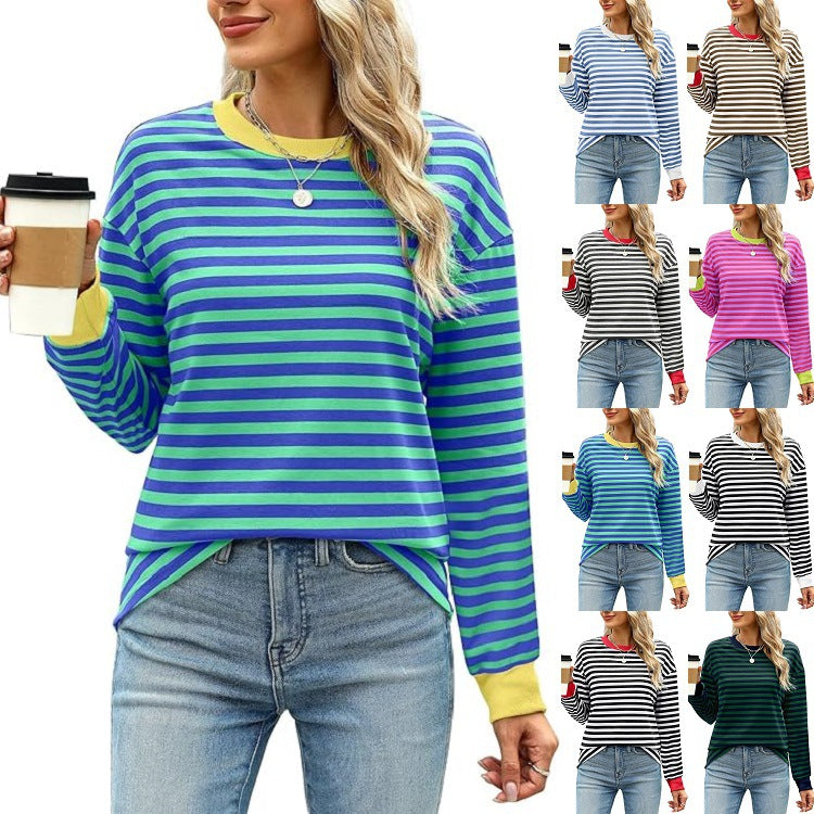Women's Fashion Color Contrast Loose Round Neck Women's T-shirt