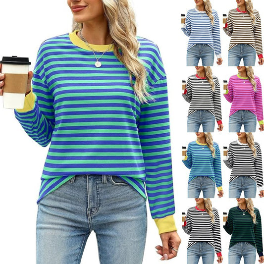 Women's Fashion Color Contrast Loose Round Neck Women's T-shirt
