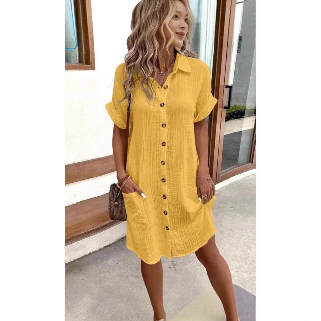 Women's Cotton Linen Breasted Mid-length Sleeve Loose Shirt Shorts