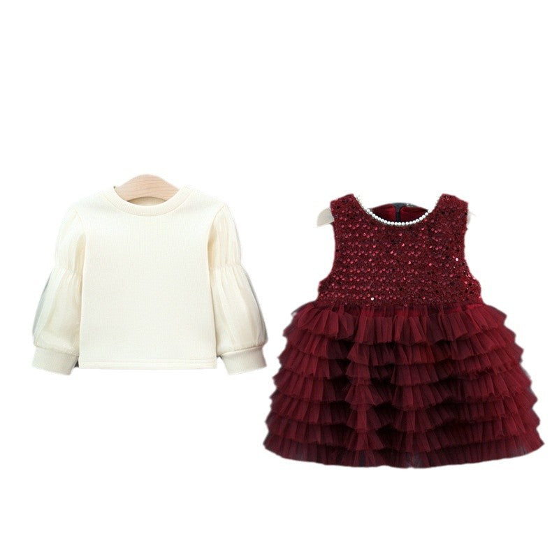 Fashionable Red Vest Skirt Set Winter Children's Dress
