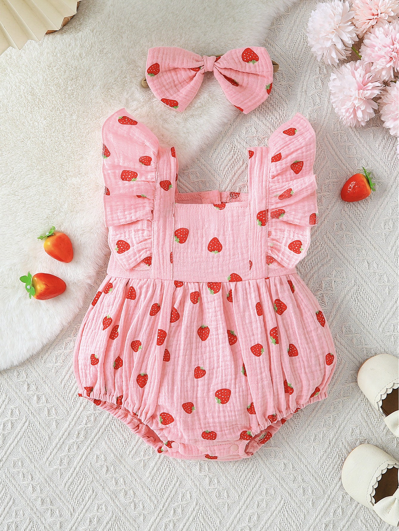 Strawberry Print Pure Cotton Rompers Romper Jumpsuit Square Collar Flounced Jumpsuit, Climbing Suit