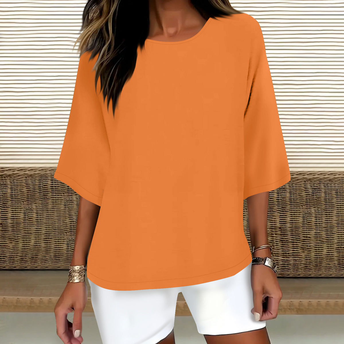 Women's Three-quarter Sleeve Round Neck Cotton Linen Blouse