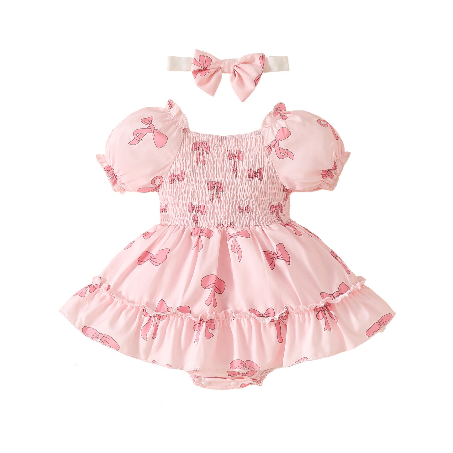 Pink Smocking Craft Short Sleeve Triangle Gown Bow Printed Square Jumpsuit, Climbing Suit