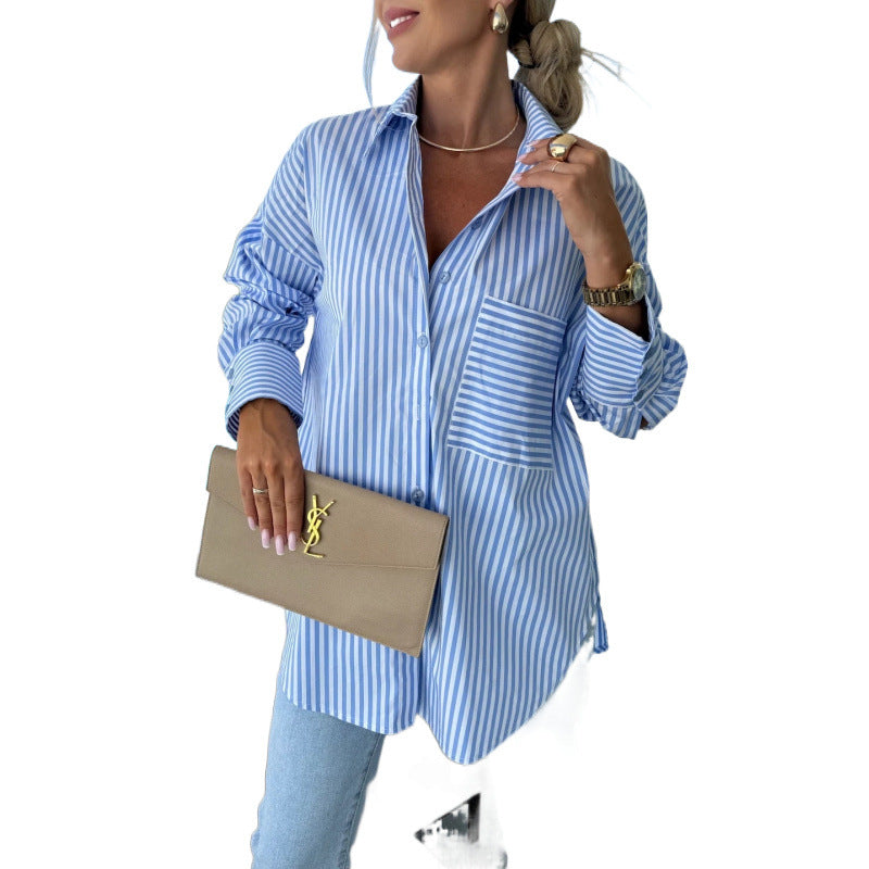 Women's Pocket Striped Long Sleeve Shirt Clothing