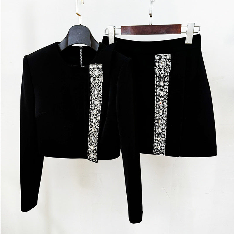 Personality Single Collar Beads Rhinestones Two-piece Fashion Casual Suit