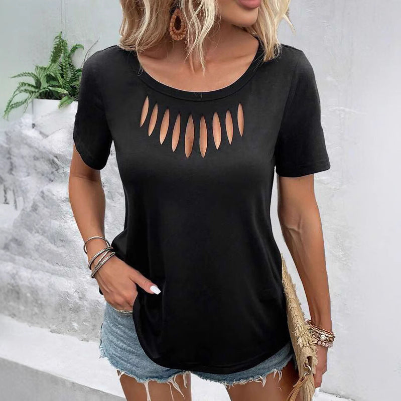 Women's Solid Color Casual Fashion Chest Hollow Women's T-shirt