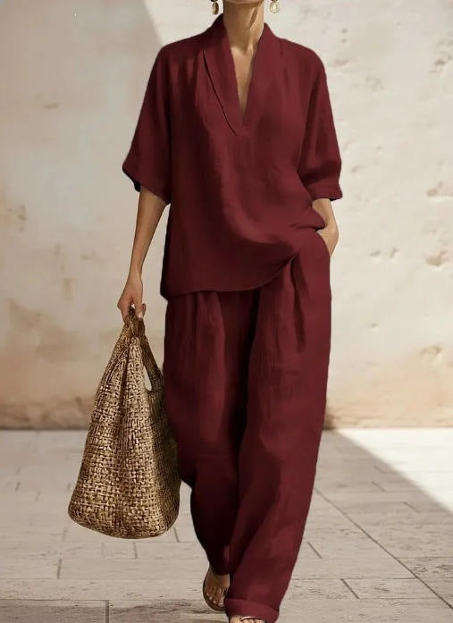 Women's Solid Color Comfortable Minimalist Linen Two-piece Fashion Casual Suit