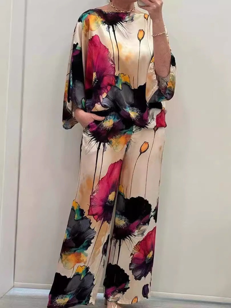 Urban Elegant Loose Printed Batwing Sleeve Suits