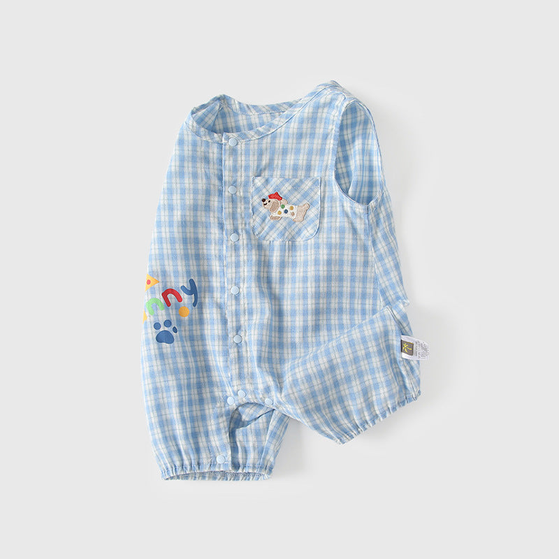 Refreshing Breathable Vest Jumpsuit Light Blue Plaid Single-breasted Jumpsuit, Climbing Suit